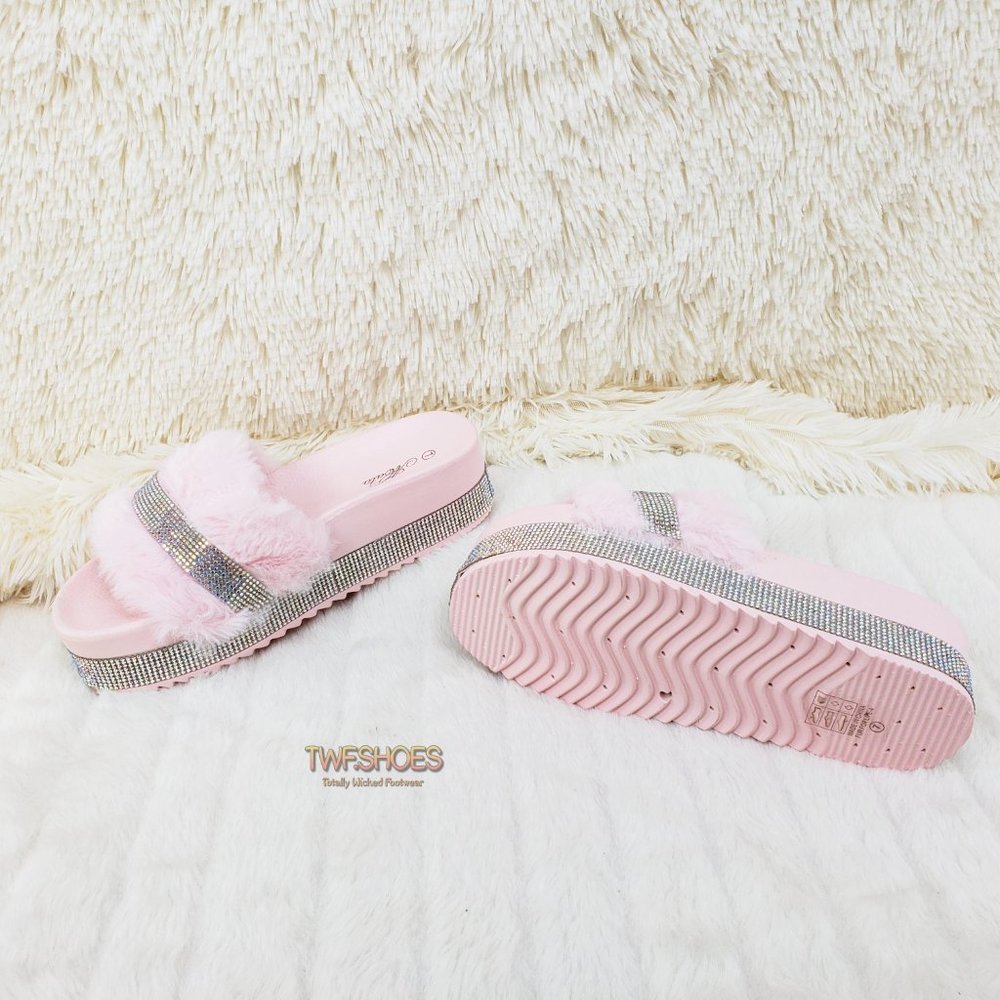 Furry Rhinestone Platform Slippers Baby Pink